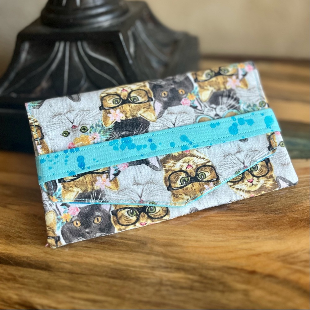 Cash Envelope/Receipt holder Fabric Handmade Wallet Kitty Cats with Glasses